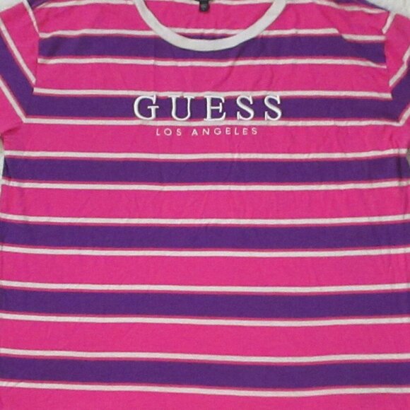 Guess Los Angeles Women's Pink Purple White Striped T-Shirt Size Large - Picture 4 of 7